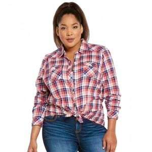 Torrid Plaid Summer Twill Blouse in Red l, White & Dark Blue Size 1XL NWT